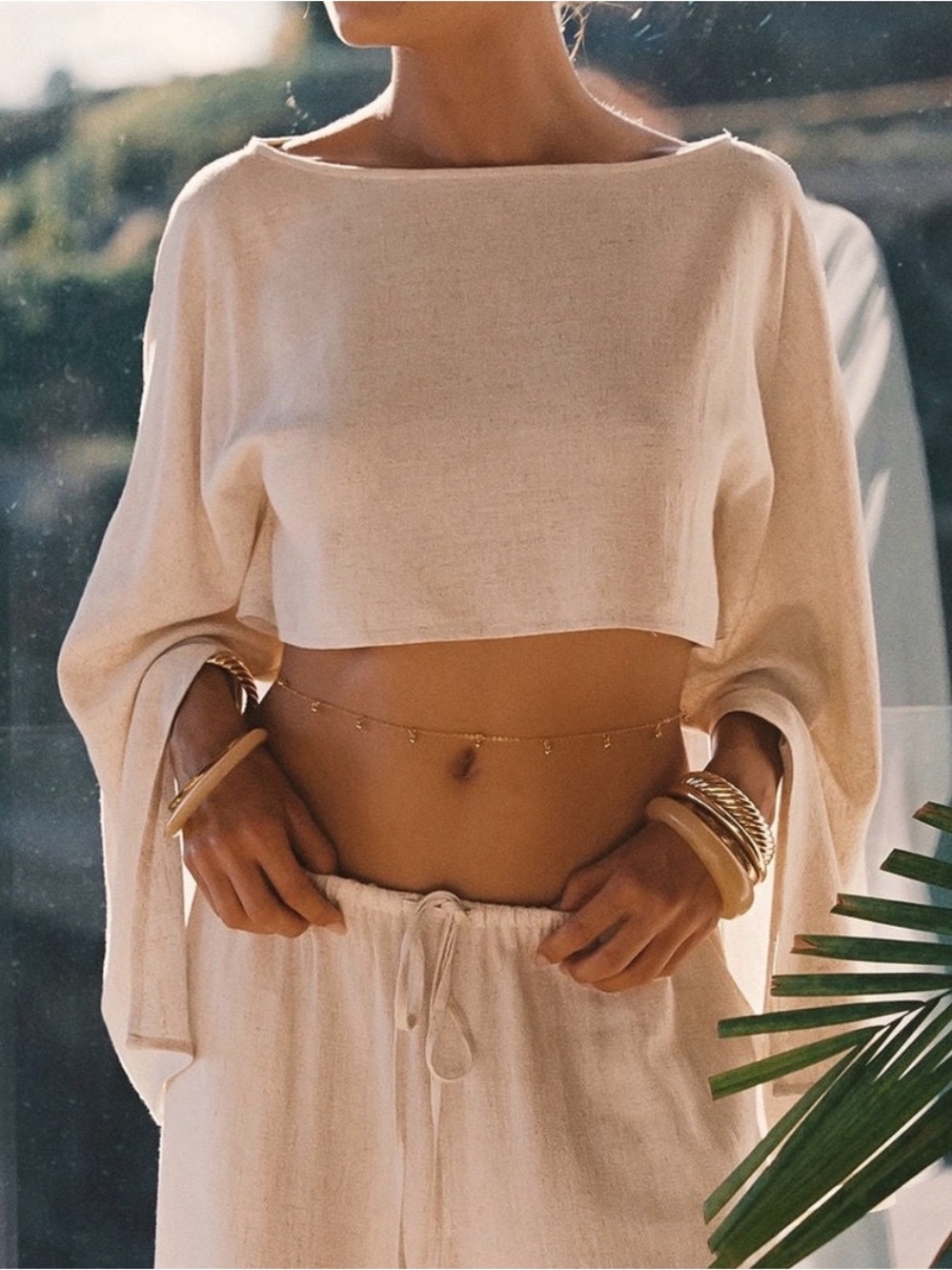12th Tribe Cream Linen Cropped Boatneck Top